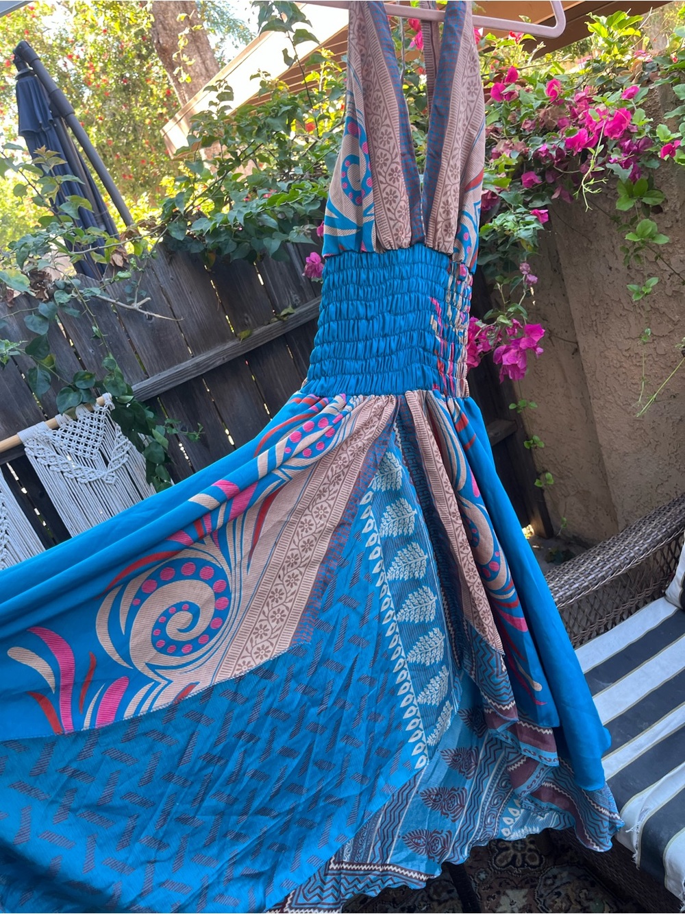 Art silk dress Blue Patterned Boho Maxi Dress - Sleeveless Halter One Size